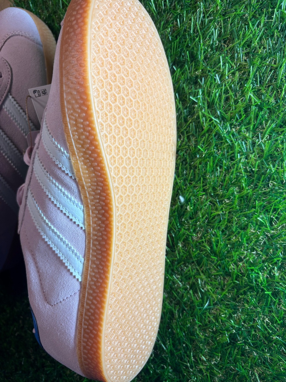 Adidas Gazelle Suede Sneakers in Light Pink with white Stripes and a blue heel. - Picture 7 of 8